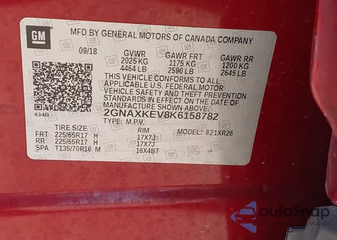 2019 Chevrolet Equinox Lt z USA, uszkodzony, nr VIN 2GNAXKEV8K6158782
